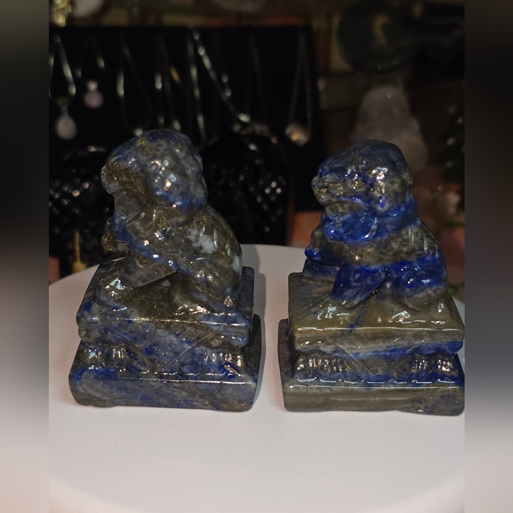 Lapis lazuli Crystal Chinese Foo Dog Carving Set - Picture 3 of 11